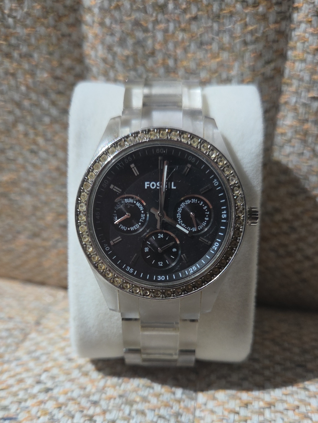 Fossil Clear Bracelet Watch With Black Dial And Crystal Accent